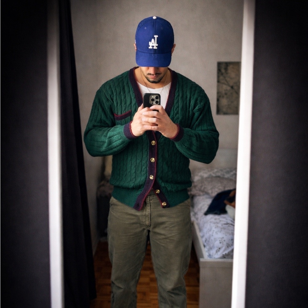 Vintage 1990’s Cable Knit Cardigan – Green with Red & Navy Trim (Club 1440 ) - Picture 5 of 5